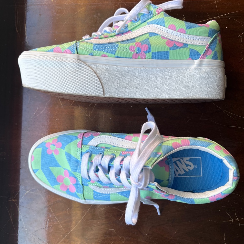 Vans Women's Platform Shoes - Blue and Green Floral